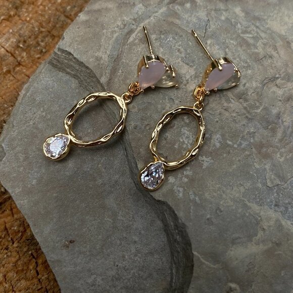 Plated Hammered Gold with Cubic Zircon Stone Stud Earrings - Picture 10 of 10